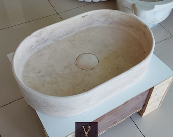 Handcrafted Travertine Oval Vessel Sink: Natural Stone Bathroom Sink