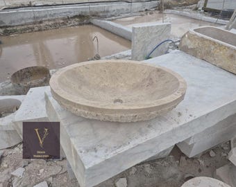 Travertine Handmade Oval Sink - Vertical Split Face Design : Handcrafted Sink