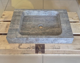 Handcrafted Silver Travertine Rectangular Sink - Wall Mount Natural Stone