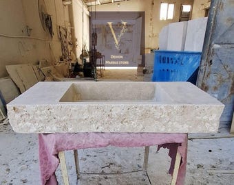 Pia de parede artesanal em travertino - Pia rústica larga