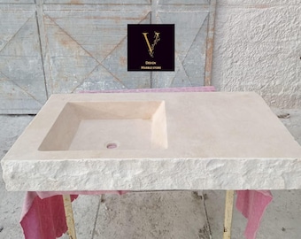 Handcrafted Travertine Wall Mount Sink with Countertop - Rough Edge