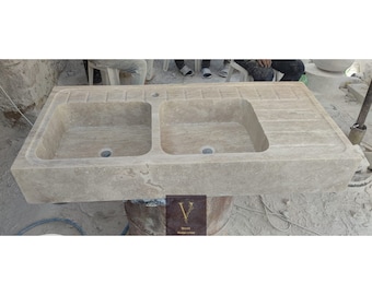 Handcrafted Travertine Kitchen Sink: Natural Stone Farmhouse Sink, with Faucet Hole
