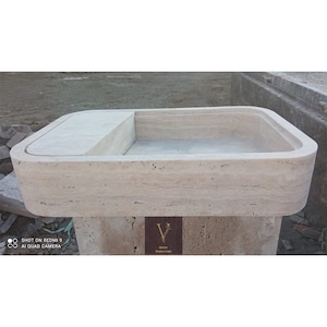 Travertine Round Corner Sink - Hidden Drain - 100% Natural Stone - Handcrafted - Vessel Sink - Light Travertine - Handmade Sink - Vanity