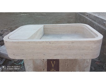 Travertine Round Corner Sink - Hidden Drain - 100% Natural Stone - Handcrafted - Vessel Sink - Light Travertine - Handmade Sink - Vanity
