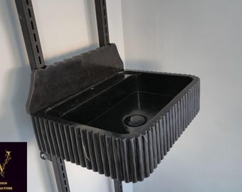 Handmade Black Marble Fluted Sink - Wall Mount - Hidden Drain: Nero Marquina Marble