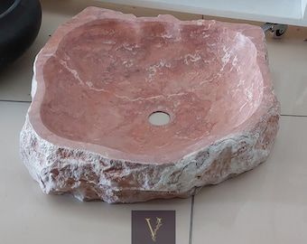 Handcrafted Red Travertine Stone Sink: Natural Marble Vessel