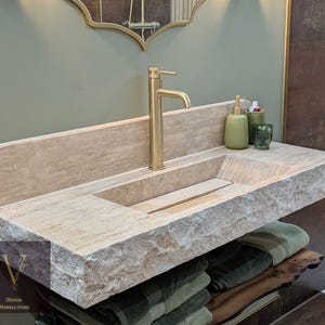 Travertine Wall Mount Sink with Backsplash: Hidden Drain, Split Face Edges
