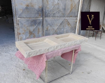 Pia de parede em travertino com acabamento rústico - Cuba dupla - Ralo oculto - Borda áspera