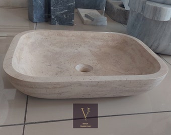 Travertine Sink - Washbasin - 100% Natural Stone - Handcrafted - Marble Sink - Vessel Sink - Square Sink - Bathroom Design