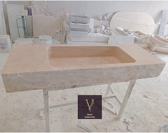 Travertine Wallmounted  - Split Face Sink - One Piece Stone Sink - 100% Natural Stone - Handcrafted - Marble Sink