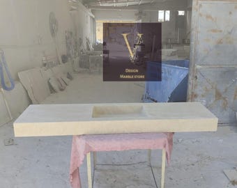 Pia de parede em travertino com cuba larga - Feita à mão - Pia de bancada