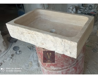 Pia de travertino com design de face dividida - Pedra 100% natural - Artesanal - Pia para banheiro - Pia de pedra - Desenhos rústicos