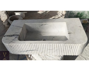 Pia de mármore branco Calacatta feita à mão: lavatório de pedra natural