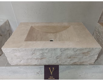 Travertine Light Chiseled Exterior Sink - Split Face Design - One Piece Stone Sink - 100% Natural Stone - Handcrafted - Marble Sink