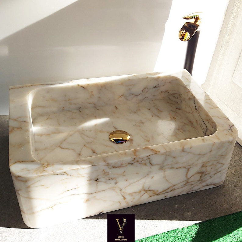 Calacatta Gold Wall Moount Sink - Sink for Bathroom -Gold Vein Sink - Vessel Sink - Wall Mounted - Calacatta Marble Sink - Marble Sink - Luxury Home - Special Design - Handmade Sink - Handcrafted Marble Sink - Square Sink -Stone Sink - Powder Room