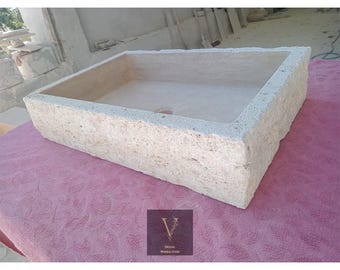 Pia de pedra travertino artesanal: pia de banheiro retangular rústica
