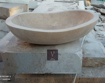 Pia Ellipse de Travertino Artesanal: Vaso de Pedra Natural