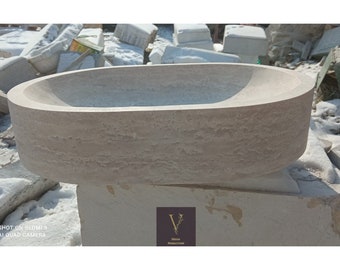 Travertine Rustic Oval Sink - 100% Natural Stone - Handcrafted - Hand Curved Sink - Bathroom Vanity - Naturel Sink - Bathroom Decor