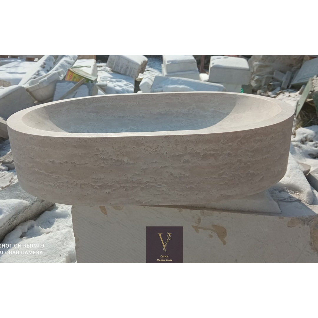 Travertine Rustic Oval Sink - 100% Natural Stone - Handcrafted - Hand Curved Sink - Bathroom Vanity - Naturel Sink - Bathroom Decor