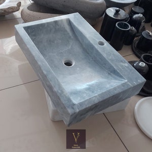 Afyon Gray Marble Rectangular Sink - With Facuet Hole - 100% Natural Stone - Handcrafted - Marble Sink - Bathroom Vanity