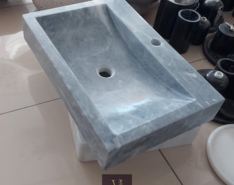 Handcrafted Afyon Gray Marble Rectangular Bathroom Sink with Faucet Hole