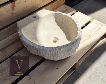 Handcrafted Beige Marble Rustic Sink with Faucet Hole