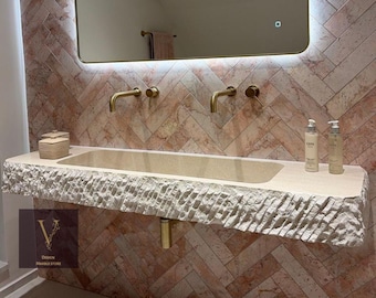Travertine Split Face Long Sink - Wallmount - with Side Top - Rough Edge