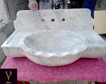 Pia de mármore branco Carrara artesanal com painel traseiro - Design de banheiro para instalação na parede