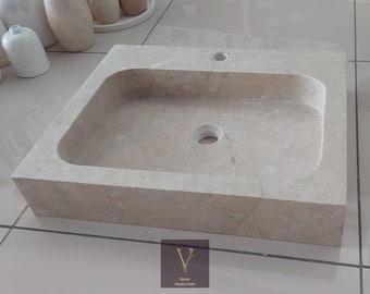 Beige Marble Sink - With Faucet Hole - 100% Natural Stone - Handcrafted - Washbasin - Sink for Bathroom