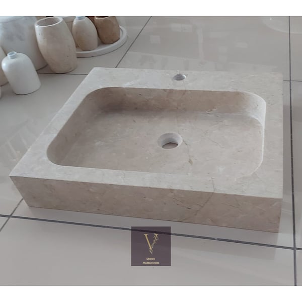 Beige Marble Sink - With Faucet Hole - 100% Natural Stone - Handcrafted - Washbasin - Sink for Bathroom