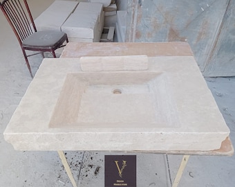 Handcrafted Travertine Sink: Chiseled Exterior, Hidden Drain