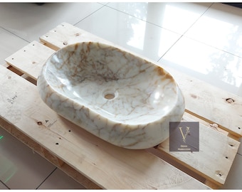 Pia de mármore Calacatta Gold feita à mão: lavatório retangular curvo
