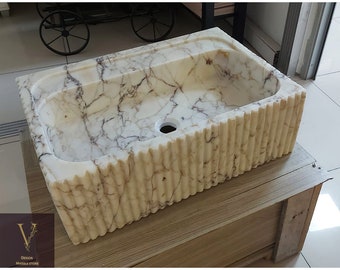 Pia de mármore Calacatta Viola feita à mão: lavatório retangular de parede