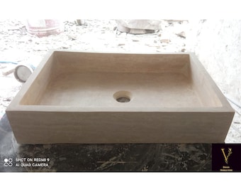Pia retangular de travertino - 100% pedra natural - feita à mão - pia de vaso - pia para banheiro - pia de lavabo - pia feita à mão