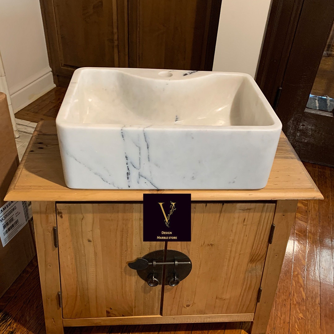 Calacatta White Marble Sink - With Faucet Hole - 100% Natural Stone - Handcrafted - Vessel Sink - Rectangular Sink - Bathroom Vanity