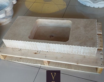 Handcrafted Travertine Trough Sink: Rustic Chiseled Design, Fluted Exterior