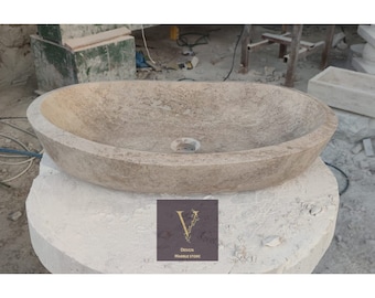 Handcrafted Travertine Ellipse Vessel Sink: Natural Stone Washbasin