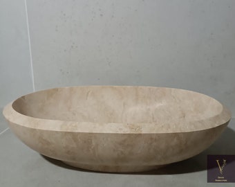 Handcrafted Travertine Vessel Oval Sink: Natural Stone Washbasin