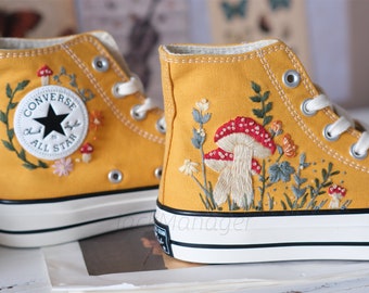 Converse Embroidered Shoes, Converse High Top Shoes,1970s Converse Chuck Taylor, Converse Customized red mushroom embroidery wedding shoes