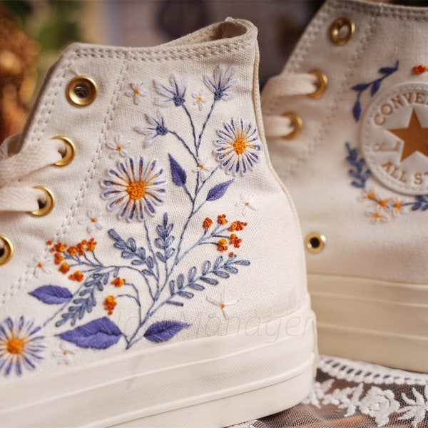 Converse Embroidered Shoes, Converse High Top Shoes,1970s Converse Chuck Taylor, Converse Customized Gold buckle platform shoes  flower