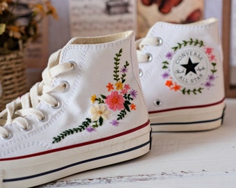 Converse Embroidered Shoes, Converse High Top Shoes,1970s Converse Chuck Taylor, Converse Customized flower embroidery/wedding shoes