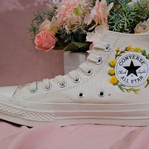 Converse Embroidered Shoes, Converse High Top Shoes,1970s Converse Chuck Taylor, Converse Customized Small Flower/ yellow rose embroidery image 5