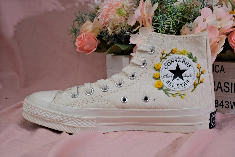 Converse Embroidered Shoes, Converse High Top Shoes,1970s Converse Chuck Taylor, Converse Customized Small Flower/ yellow rose embroidery image 5