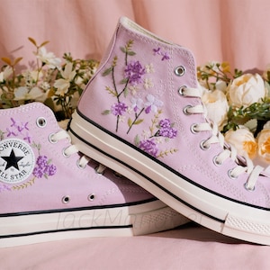 Converse Embroidered Converse High Top Shoes,1970s Converse Chuck Taylor, Converse Customized Purple hydrangea embroidery/wedding shoes