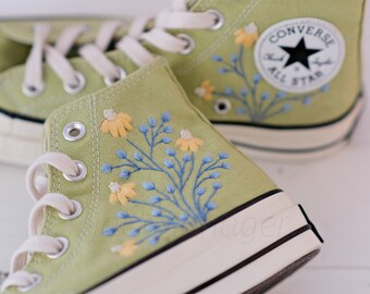 Converse Embroidered Shoes, Converse High Top Shoes,1970s Converse Chuck Taylor, Converse Customized flower embroidery/wedding shoes