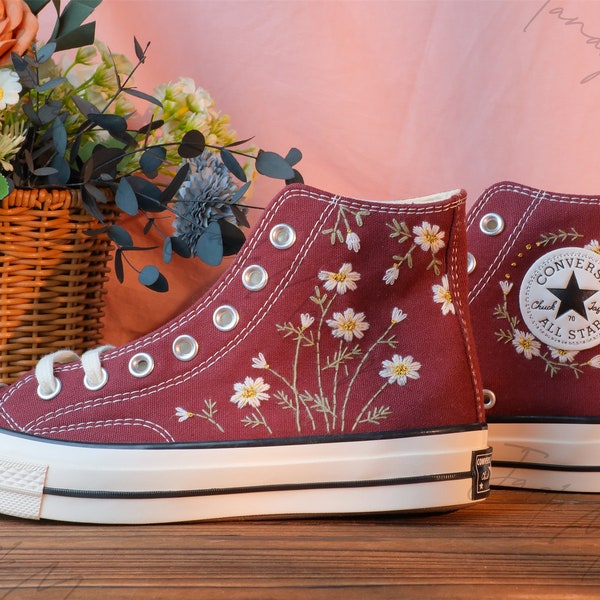 Converse Embroidered Shoes, Converse High Top Shoes,1970s Converse Chuck Taylor, Converse Customized Small Flower/ gold thread embroidery