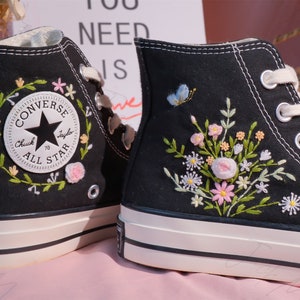 Converse Embroidered Shoes, Converse High Top Shoes,1970s Converse Chuck Taylor, Converse Customized Small Flower/Butterfly Bouquet
