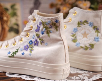 Converse Embroidered Shoes, Converse High Top Shoes,1970s Converse Chuck Taylor, Converse Customized Gold buckle platform shoes  flower