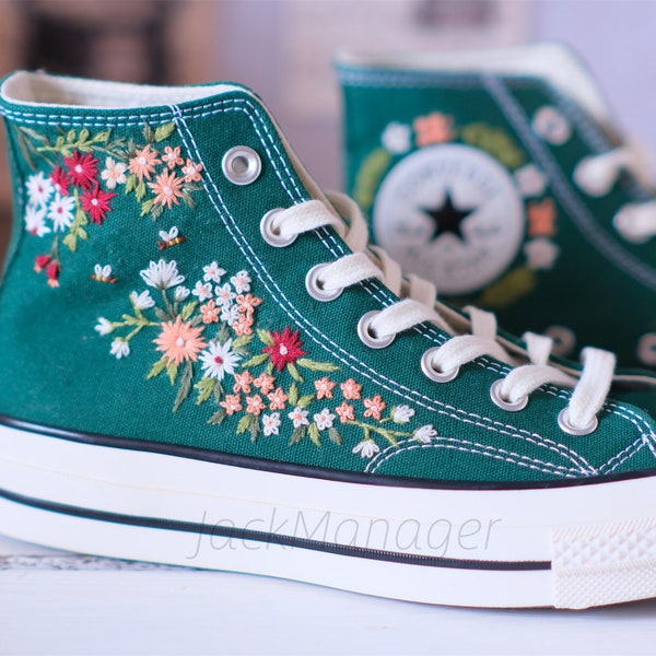 Converse Embroidered Shoes, Converse High Top Shoes,1970s Converse Chuck Taylor, Converse Customized flower embroidery wedding shoes