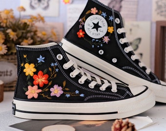Converse Embroidered Shoes, Converse High Top Shoes,1970s Converse Chuck Taylor, Converse Customized colorful flower embroidery